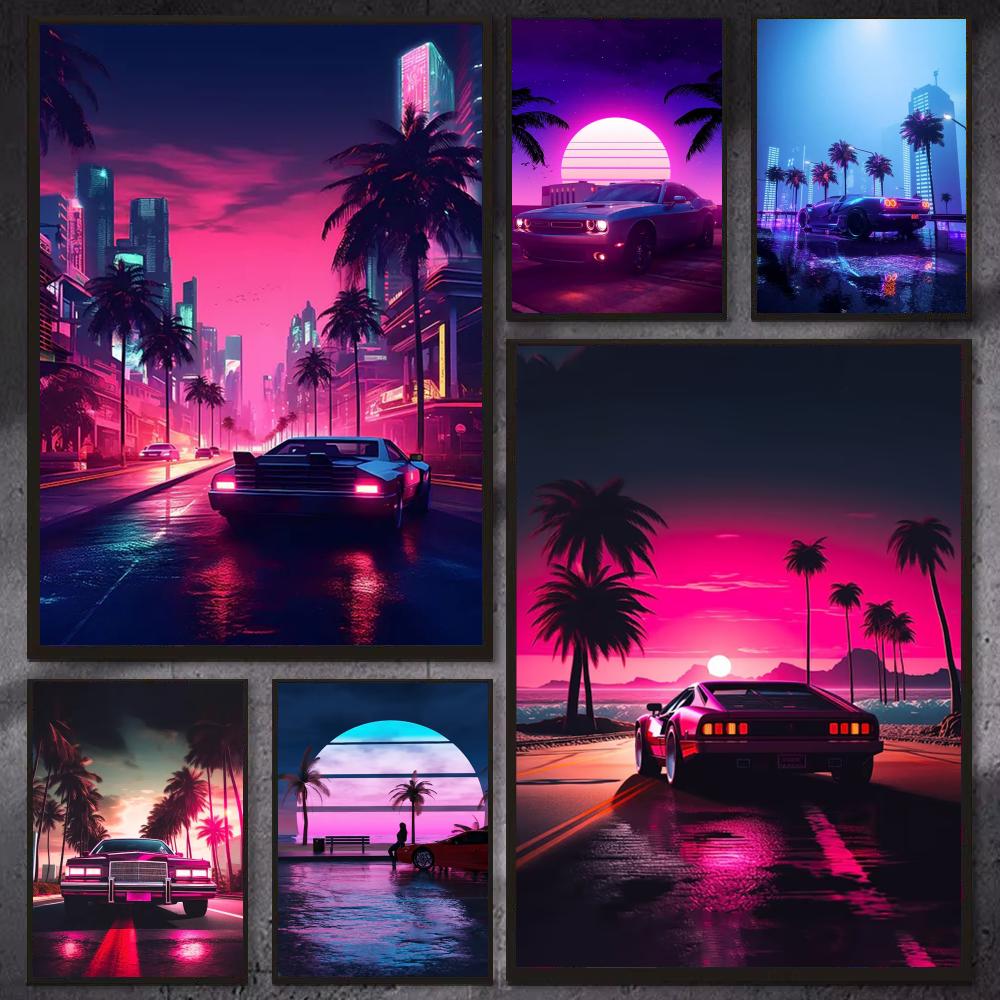Retro Gaming Wallpaper - Cyberpunk 80er Retro-Autostadt-Poster, modernes, ästhetisches, cooles