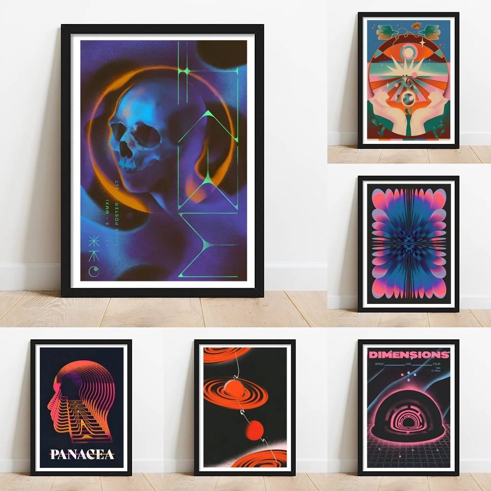 Retro Gaming Wallpaper - Psychedelisches Farbverlauf-Schädel-Weltraum-Poster Retro Neon Kosmischer Abstrakter