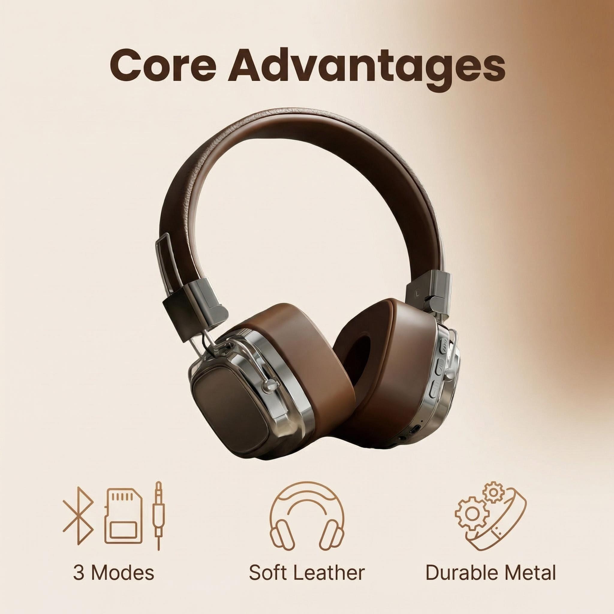 Retro Gaming Cables - Retro-Leder-Over-Ear-Kopfhörer, kabellos, Bluetooth 5.3, faltbar, mit