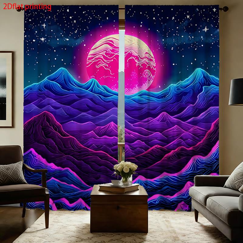 Retro Gaming Youtube - Synthwave-Vorhänge, Fenstervorhänge mit Neon-Berg- und Planeten-Print,