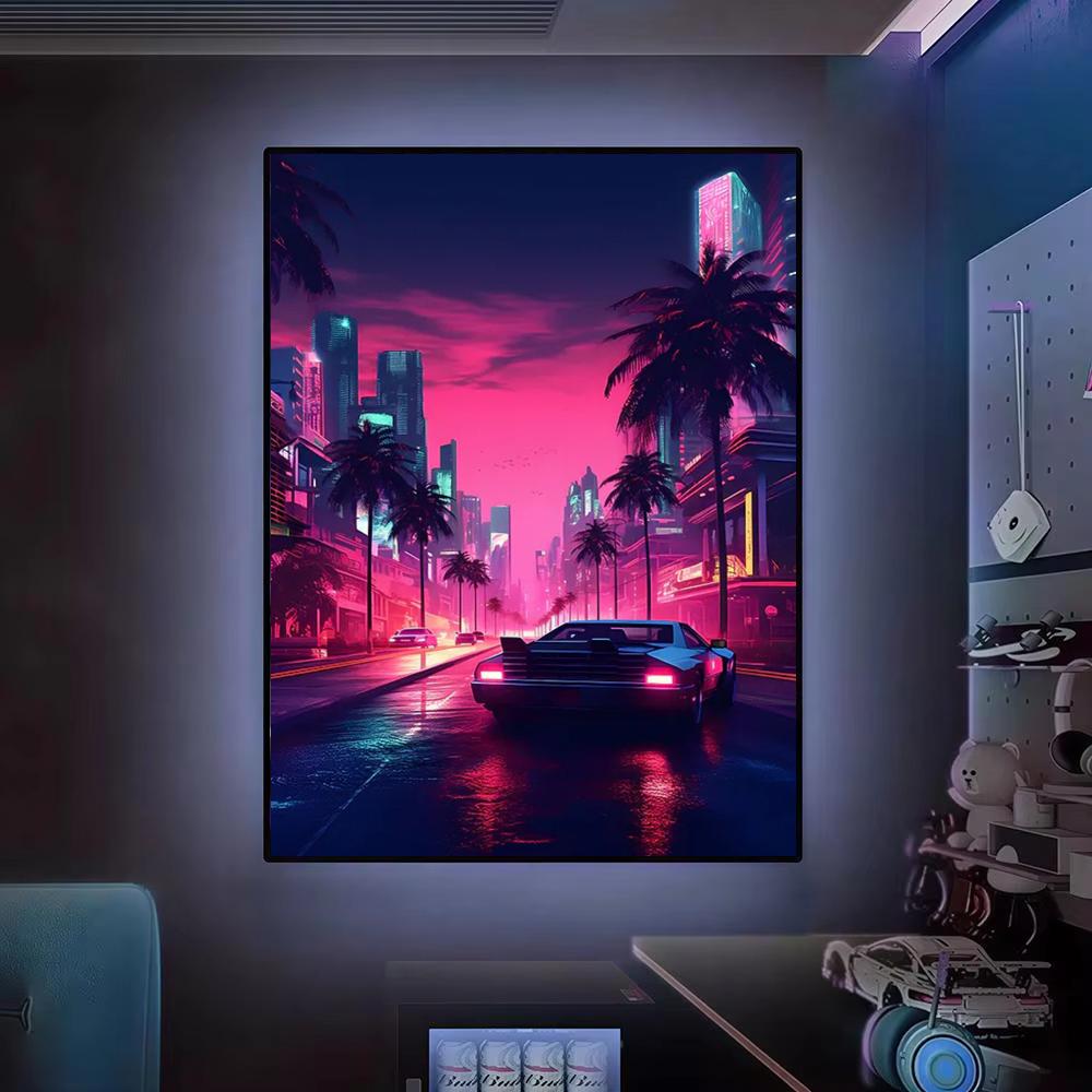 Cyberpunk 80er Retro-Autostadt – Retro Gaming Wallpaper Bewertung und Preis
